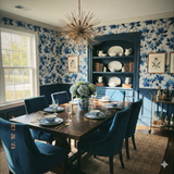 Blue floral pattern wallpaper in a dining room with a natural light fixture.