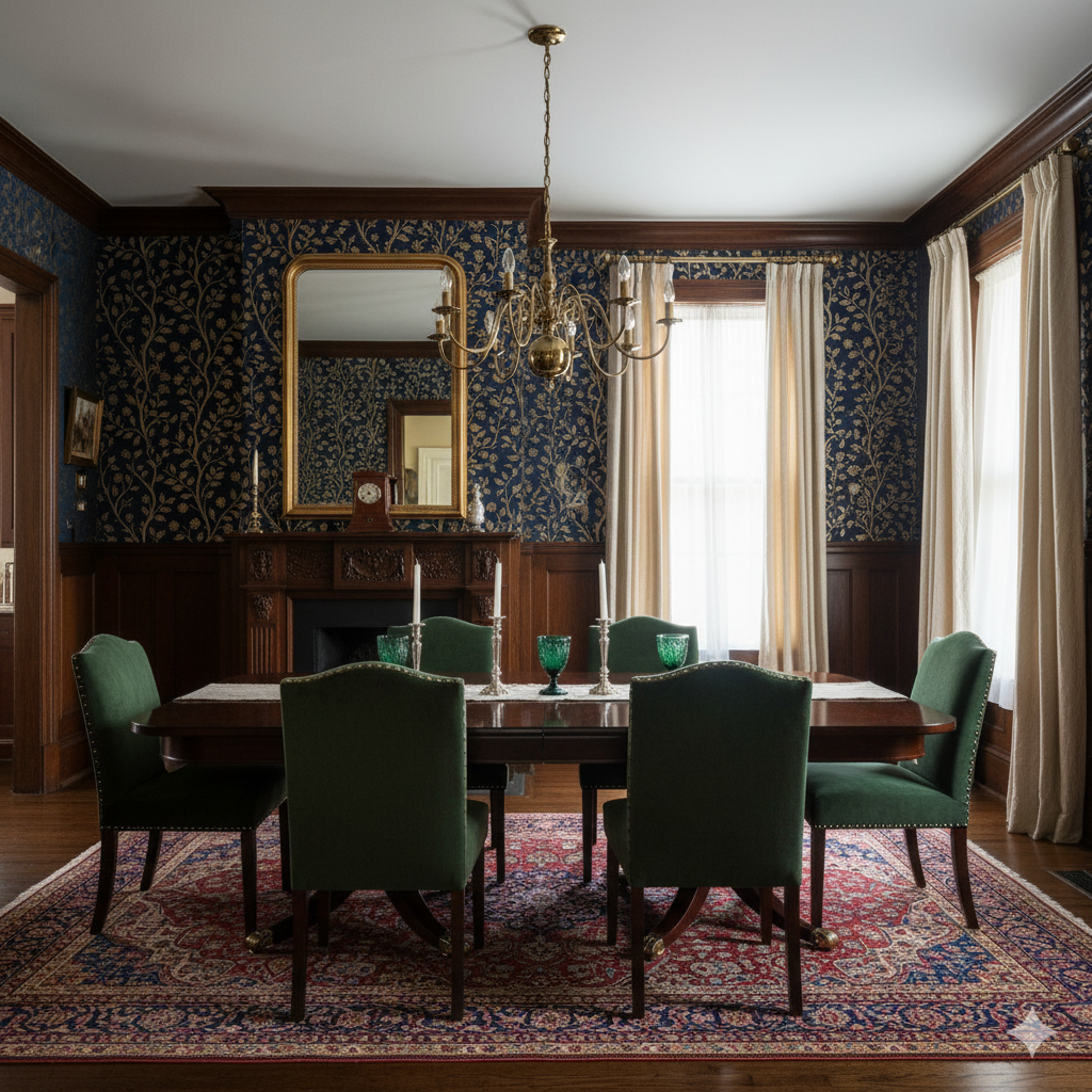 Orangerie wallpaper with gold floral pattern against a blue background, covering the walls of a dining room