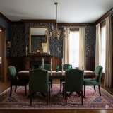 Orangerie wallpaper with gold floral pattern against a blue background, covering the walls of a dining room