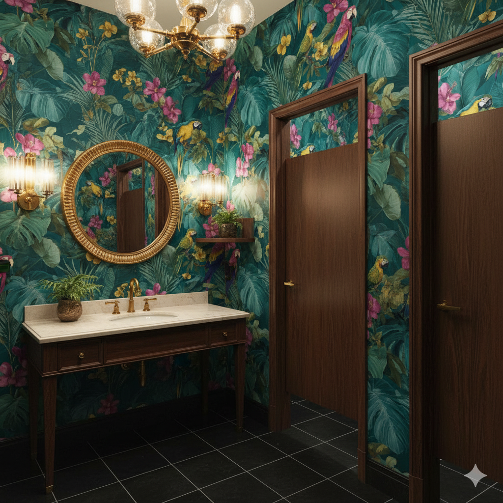 Green Parrot Bay Wallpaper featuring a tropical bird and floral pattern.
