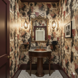 La Rue Écarlate Wallpaper with black and white portraits on an aged paper-style background.
