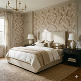 Neutral leaf patterned wallpaper with a subtle texture, covering the bedroom wall.