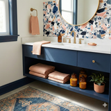Terrazzo Riviera Wallpaper with blue, pink, and white pattern on a bathroom wall.