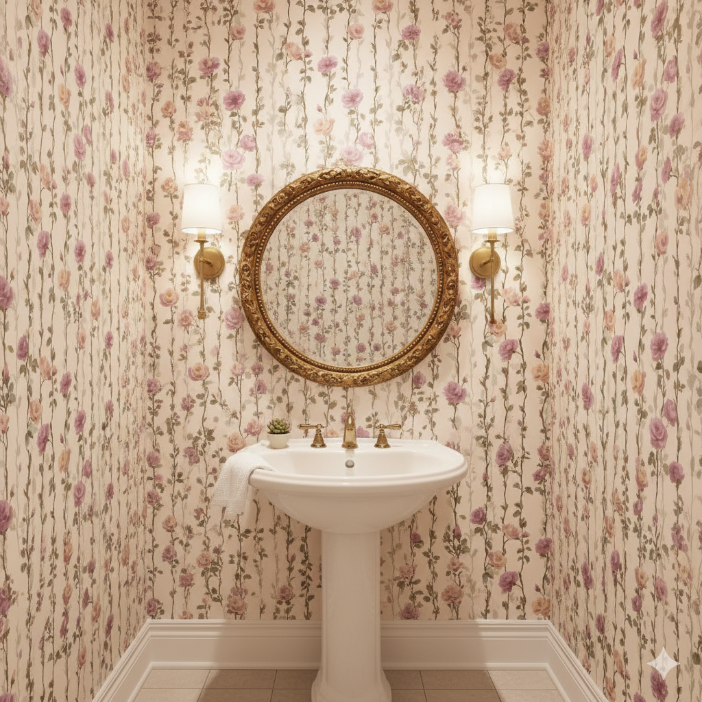 Vineyard Rosewalk Wallpaper featuring a climbing rose pattern in pink and green, covering walls and reflected in an ornate mirror.

