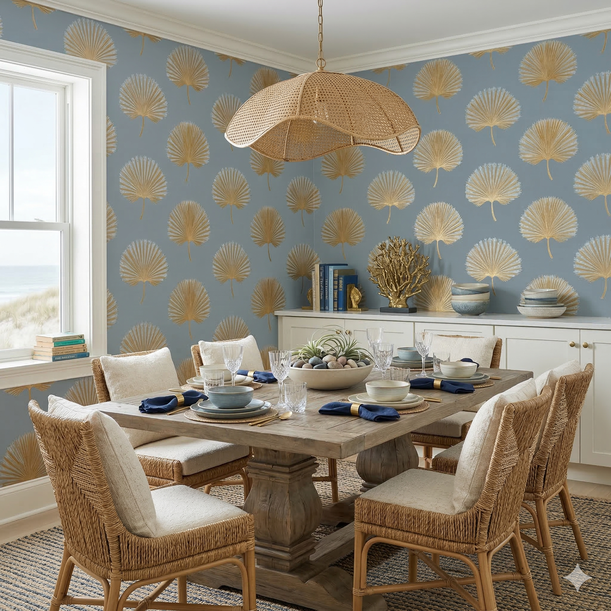 Gilded Fanfare Wallpaper with gold fan pattern on a blue background.
