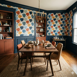 Terra Clay Collage Wallpaper featuring abstract shapes, with orange and blue tones, and botanical details.