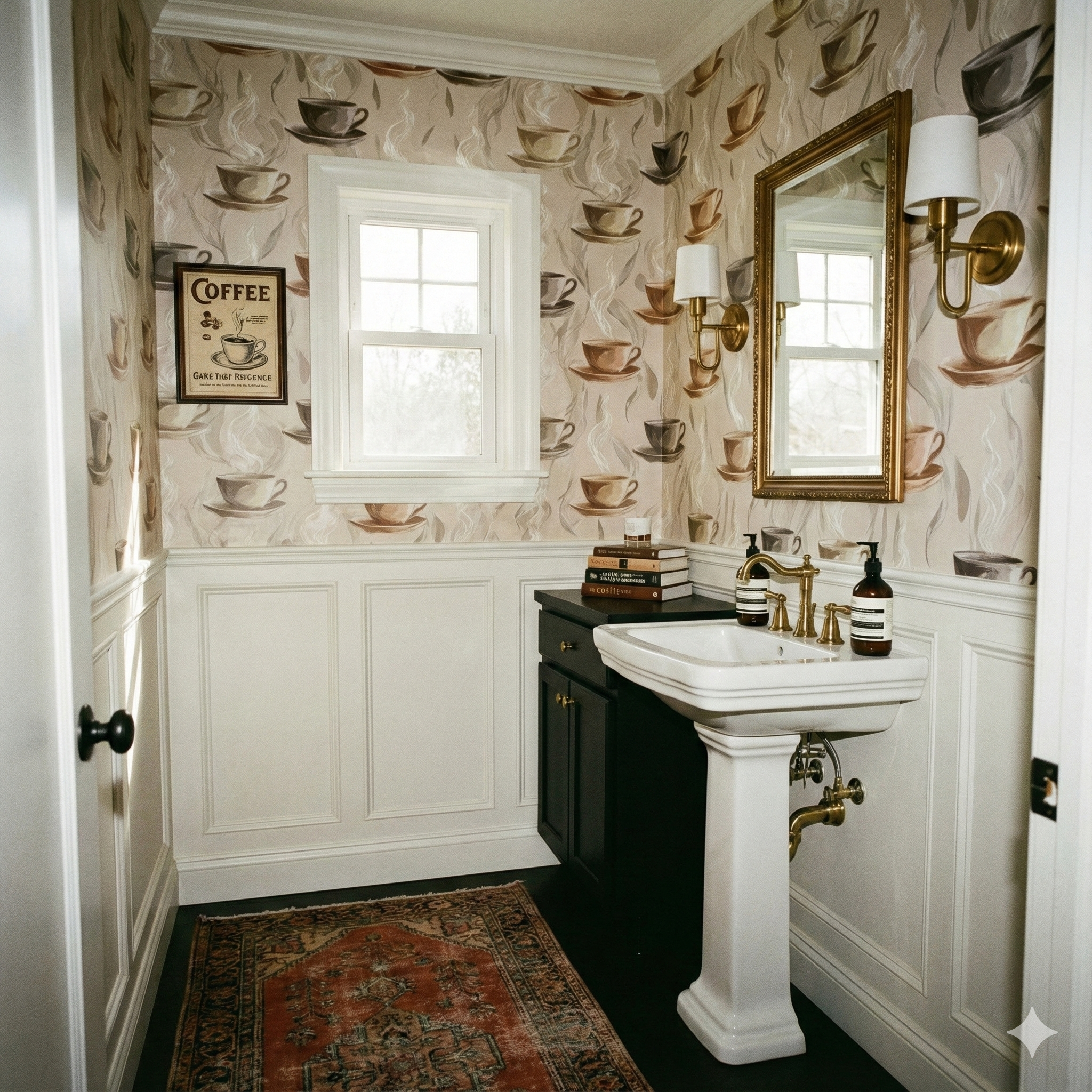 Coffee-themed Hearthside Steam Wallpaper with cup and saucer print, decorating a bathroom interior.

