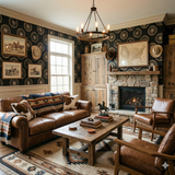 Frontier Wheelhouse Wallpaper with dark ground and metallic gold wheel pattern.
