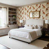 Beige dog-patterned wallpaper by Clay & Laurel, displayed in a bedroom with furniture and decor.