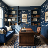 Blue Nightstride Whippets Wallpaper with dog pattern background, on the wall in an elegant study.