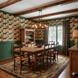Elk pattern wallpaper by Eazywallz with evergreen trees and a dining room setting.