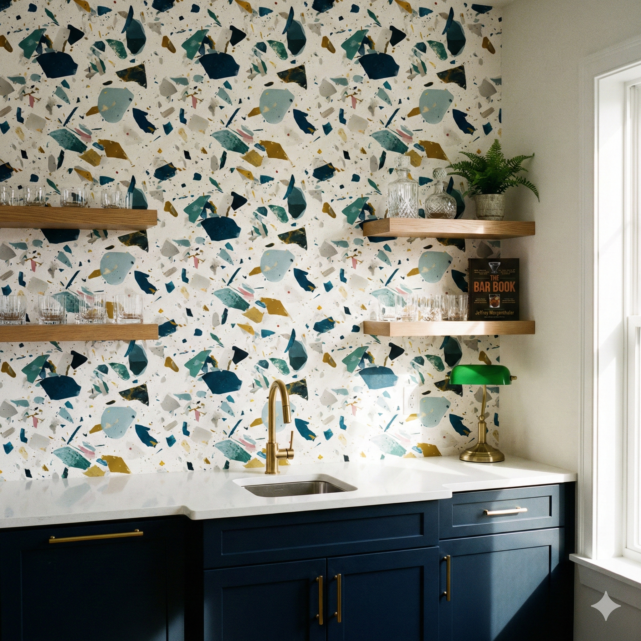 Patterned wallpaper by Wallshoppe, featuring a colorful terrazzo-inspired design with blue, teal, gold, and gray shapes.
