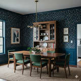Midnight Confetti Field wallpaper with floral patterns, on a dining room wall and trim.