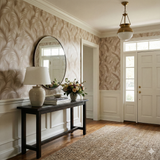 Beige patterned wallpaper with gold accents, from York Wallcoverings, featuring a floral design in a traditional style.