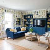 Cottage Lemondrop Pups Wallpaper with a busy lemon and dog pattern on an off-white background.