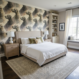 Glenhaven Fold wallpaper with dog pattern on the wall behind the bed.

