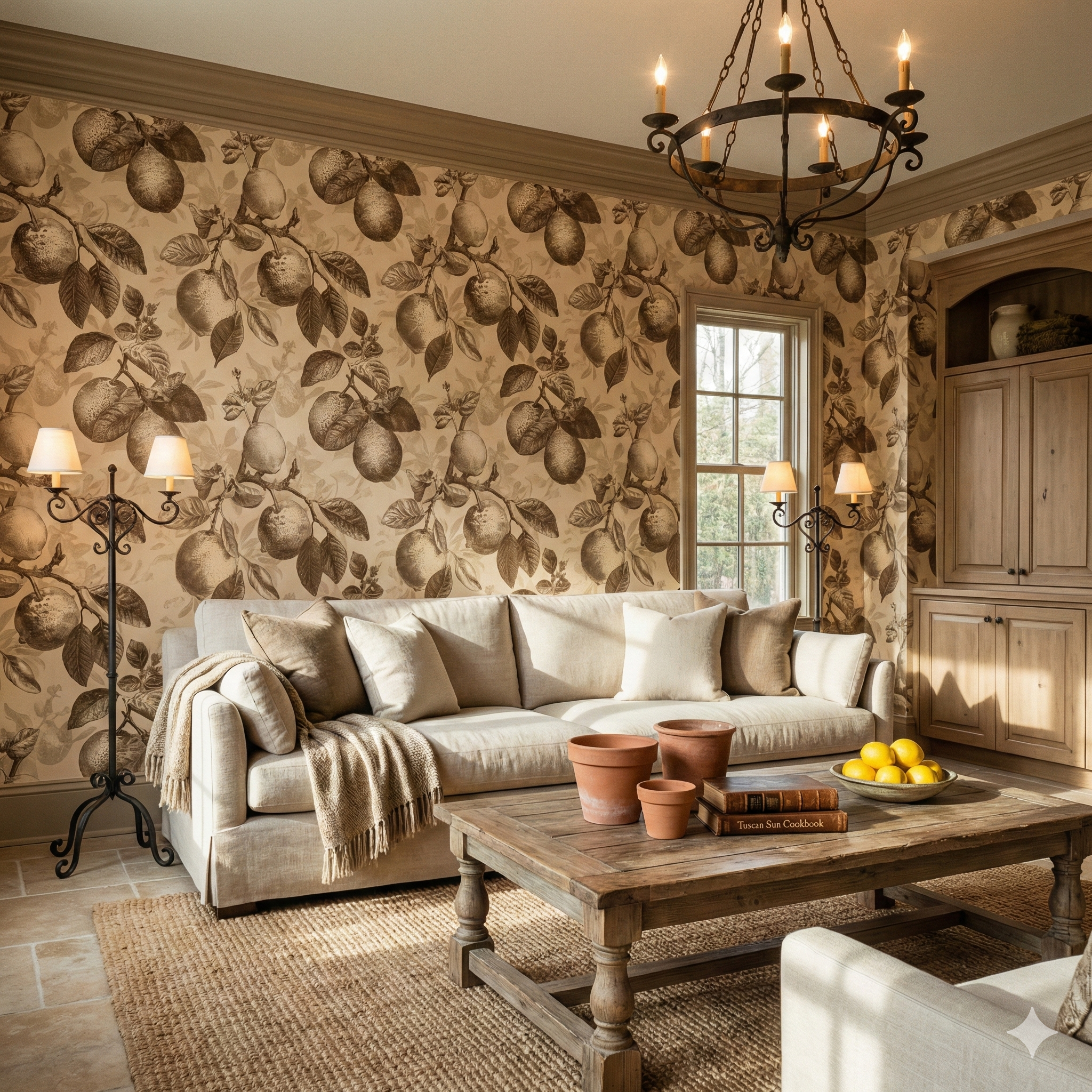 Citron Etch Wallpaper with a botanical lemon pattern and textured finish.
