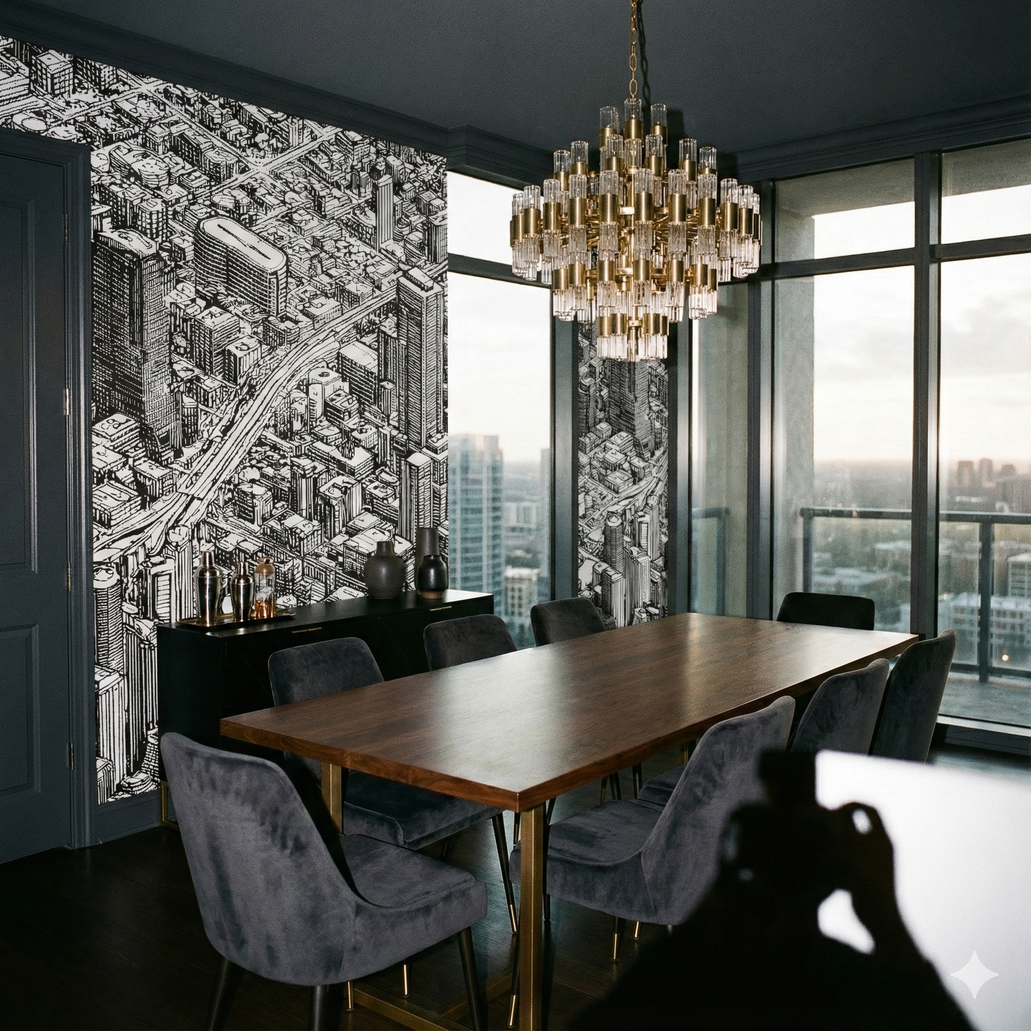Bayou City Blueprint Wallpaper with city pattern and tall buildings, near dark wood dining table and gold chandelier.