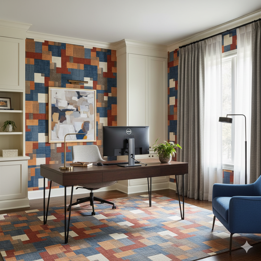 Blue, orange, and beige Claybourne Wallpaper by Brewster features a blocky geometric pattern in a home office setting.
