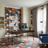 Blue, orange, and beige Claybourne Wallpaper by Brewster features a blocky geometric pattern in a home office setting.
