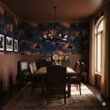 Riders at Dusk Wallpaper featuring a cowboy and horse silhouette pattern over a blue and orange textured background.