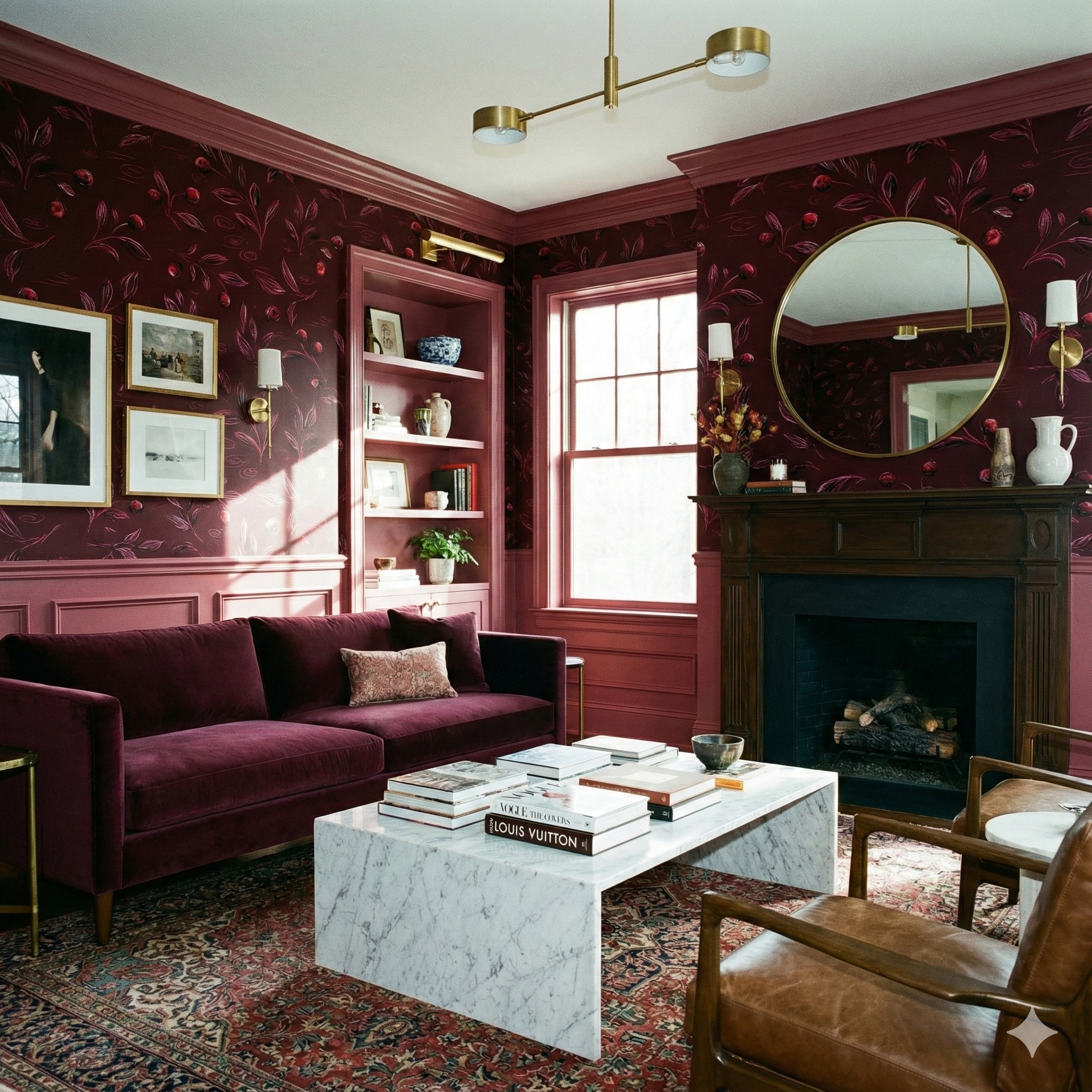 Bordeaux Thicket wallpaper with floral pattern on a dark red background.