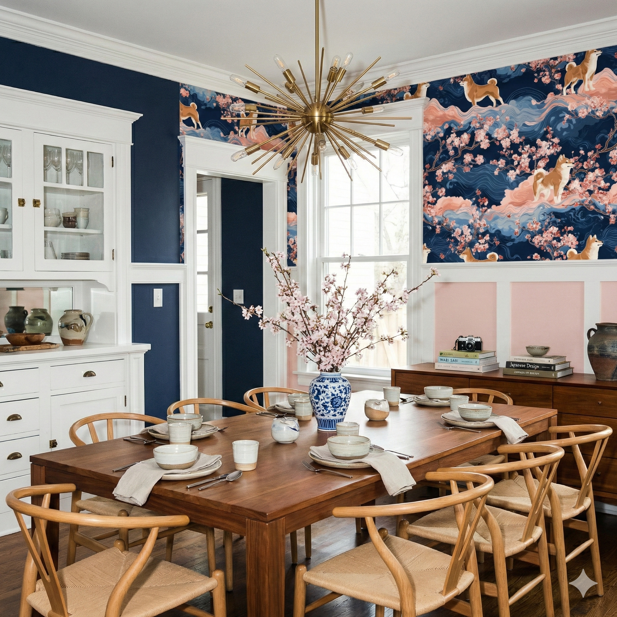 Kyoto Canine Wallpaper with Shiba Inu and floral pattern on a navy blue background.