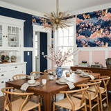 Kyoto Canine Wallpaper with Shiba Inu and floral pattern on a navy blue background.