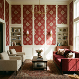 Garnet Needlepoint Medallion Wallpaper with gold snowflake pattern on a red background.