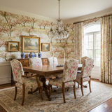 Floral wallpaper with rows of trees in blossom, featuring landscape paintings and blue vases.