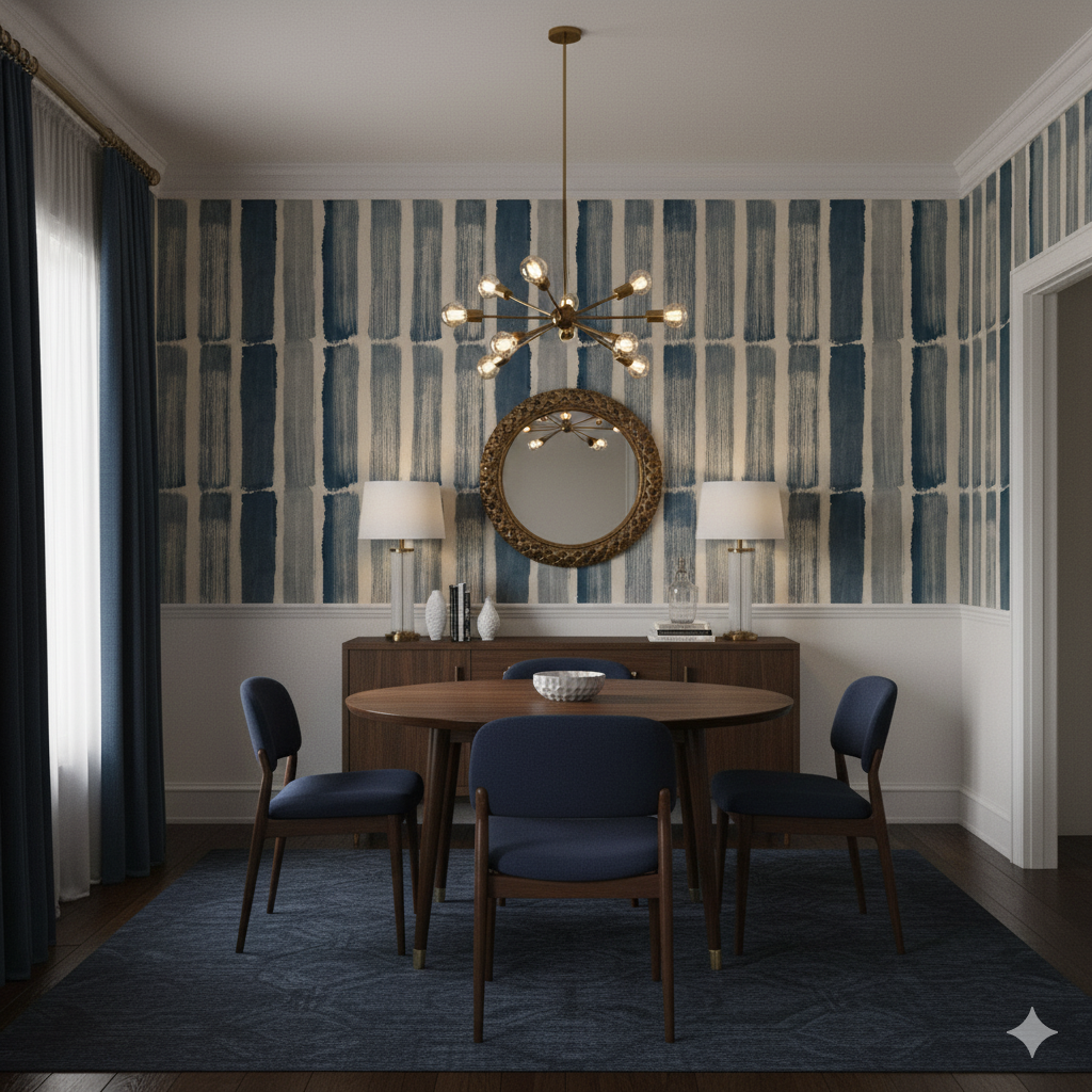 Fjord Line wallpaper featuring blue and white painted stripes on the wall.