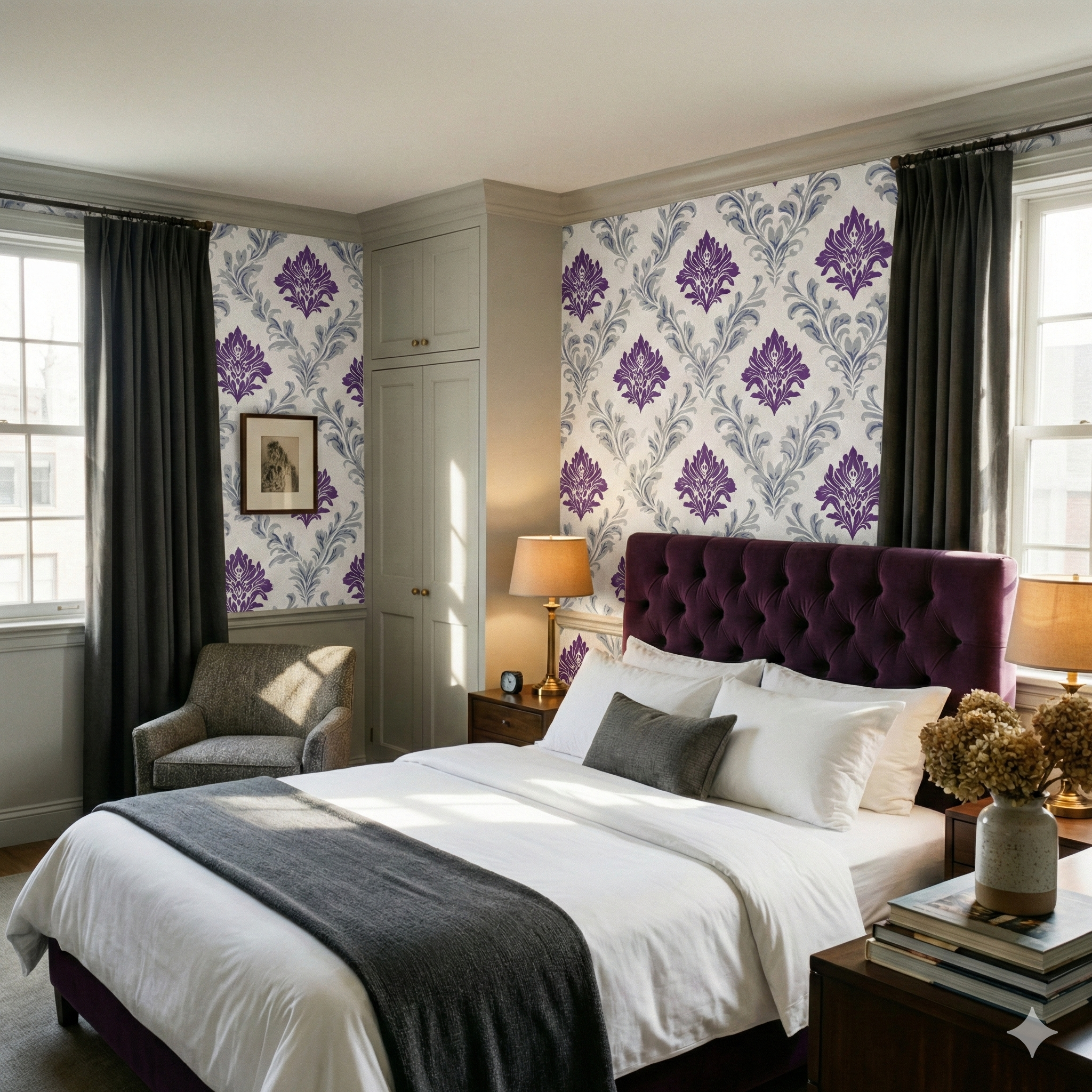 Patterned soft heirloom wallpaper with purple damask floral design.