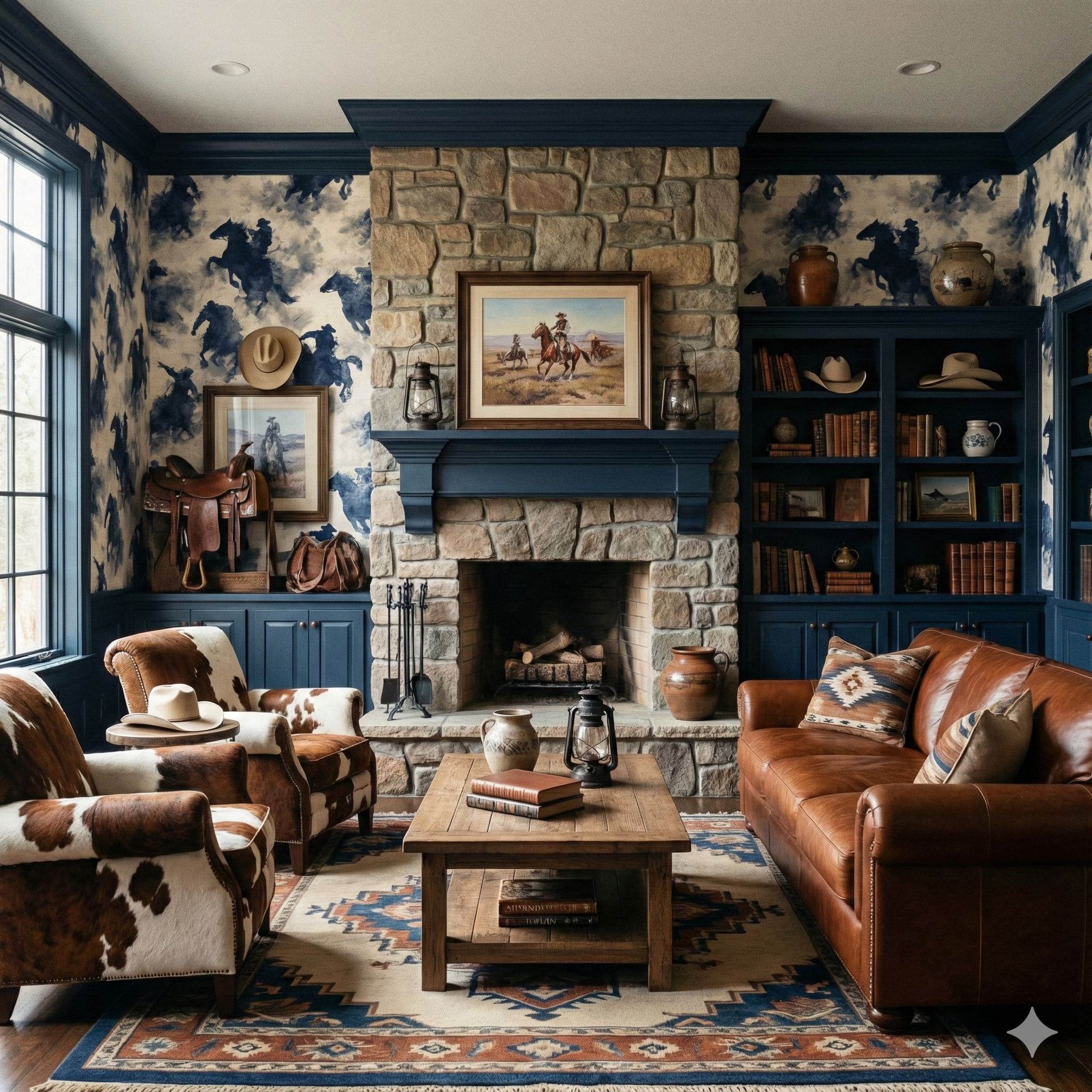 Dust Riders Wallpaper with horse pattern, covering walls of a room with leather furniture and stone fireplace.