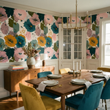 Painter’s Assembly wallpaper with floral design, featuring a mix of pink, teal, and yellow colors.
