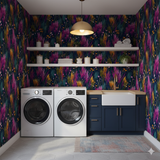 Wild Reverberation Wallpaper with floral pattern, from York Wallcoverings, in a laundry room setting.