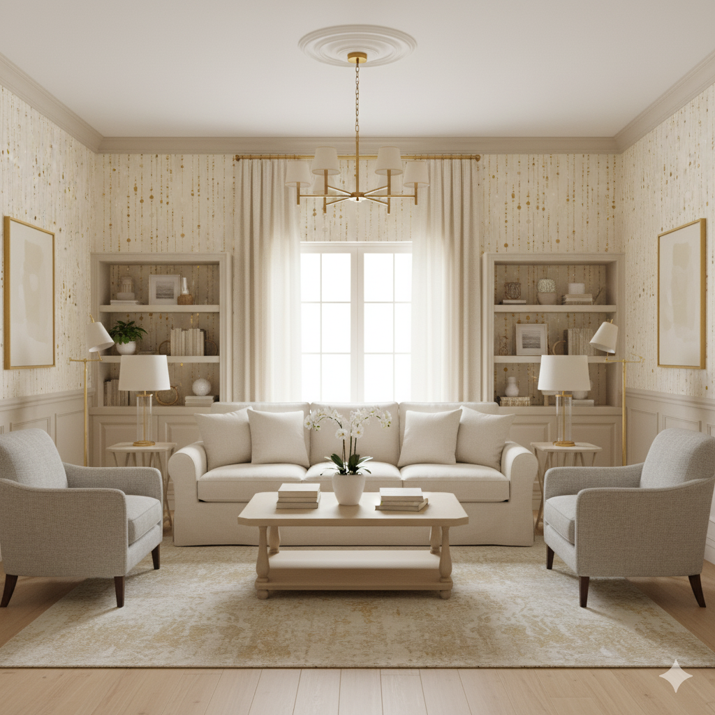 Beige Aurelia Cascade Wallpaper with a dot and stripe pattern covering the wall behind living room furniture.