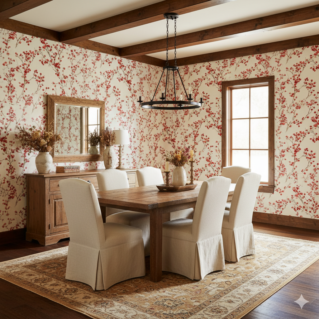 Crimson Wintertide Wallpaper featuring a red floral pattern on an off-white background.