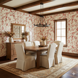 Crimson Wintertide Wallpaper featuring a red floral pattern on an off-white background.