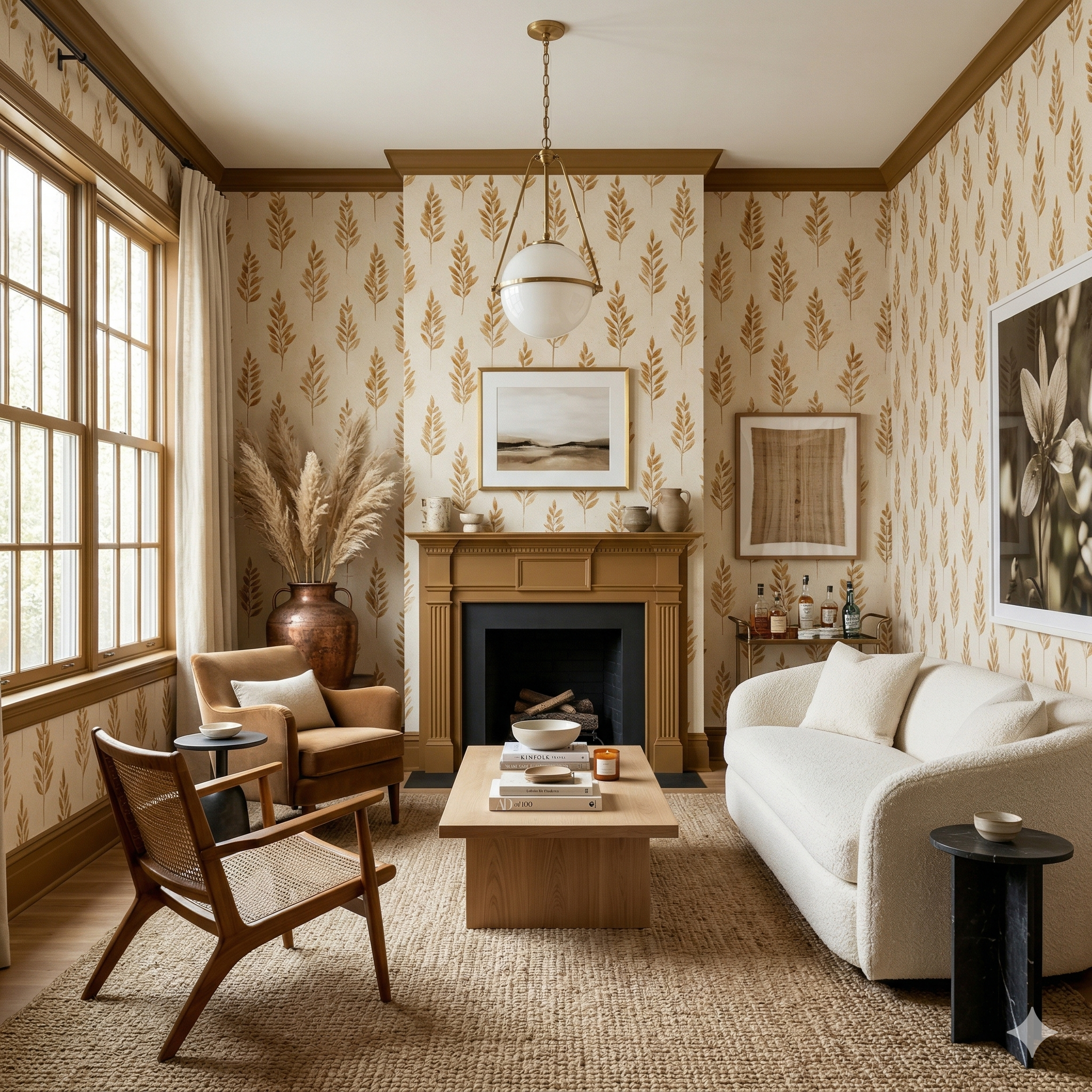 Aurelian Sheaf wallpaper with wheat pattern, in a warm beige color, covering the living room walls.
