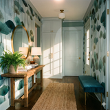 Blue Lotus Canes wallpaper with floral design, pale green and blue colors.
