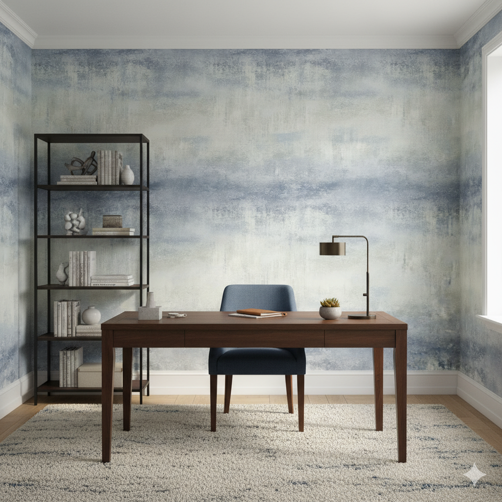 Smoke Signal Wallpaper with a cloudy pattern featuring blue and gray hues.
