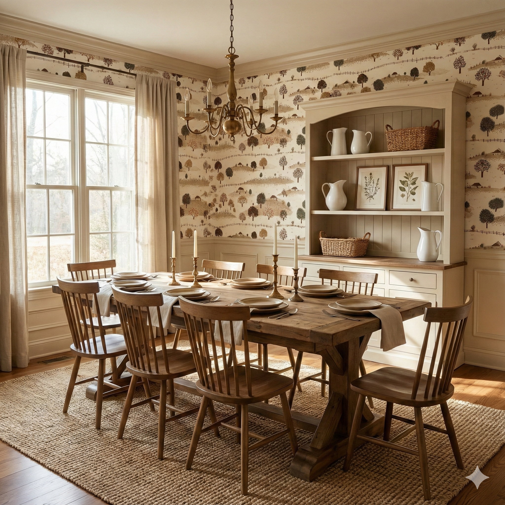 Scenic wallpaper with tree and countryside pattern, displayed on a dining room wall.