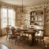 Scenic wallpaper with tree and countryside pattern, displayed on a dining room wall.