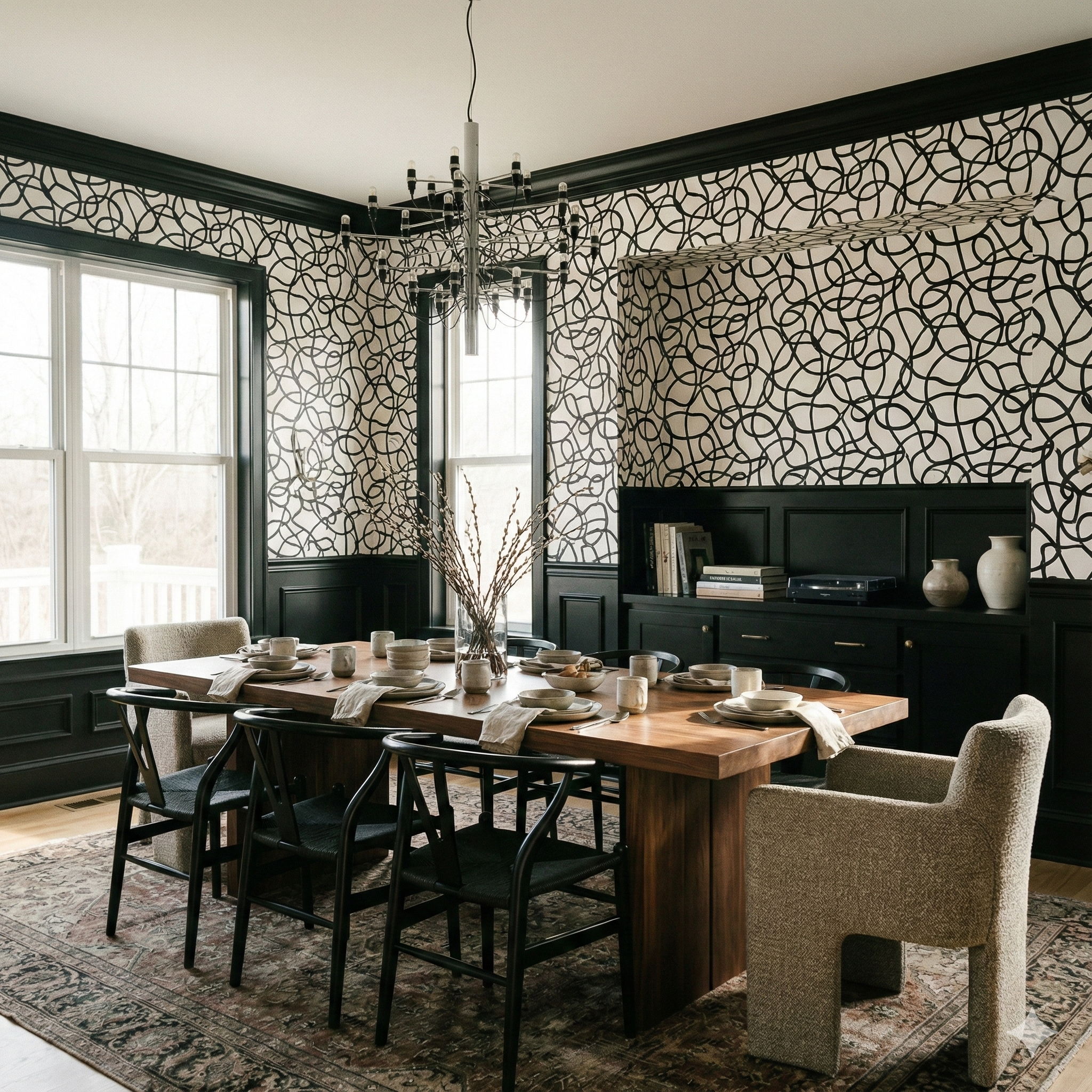 Black and white wallpaper with swirling line pattern by Inkline, covering dining room walls above dark wood wainscoting.
