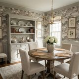 Magnolia Vale Horizon wallpaper with floral and mountain pattern, covering the dining room walls.
