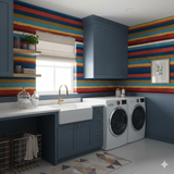 Striped wallpaper with multicolored horizontal stripes pattern, visible in a laundry room setting.