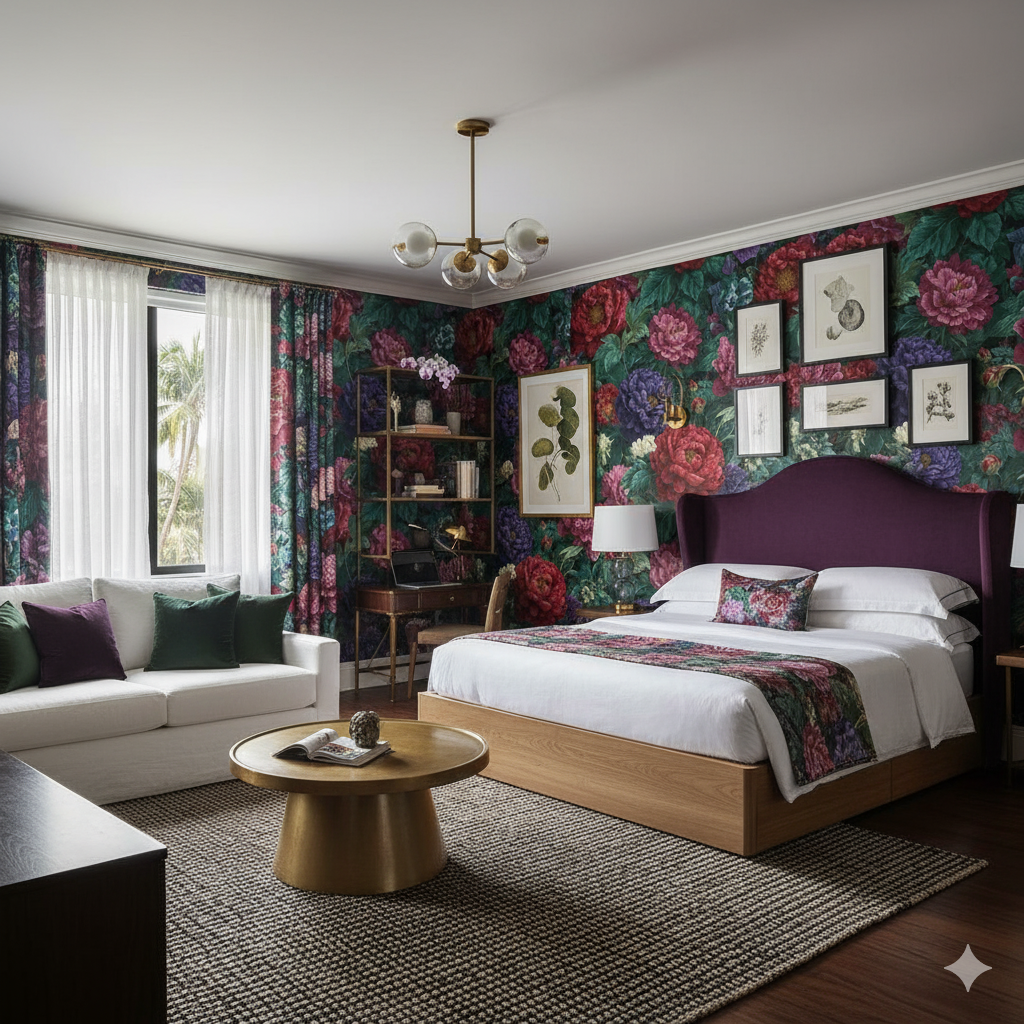 Imperial Garden wallpaper featuring a floral design, with a vibrant blend of purple, red, and green colors, creating a lush, dramatic ambiance.
