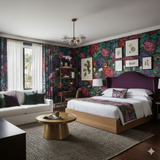 Imperial Garden wallpaper featuring a floral design, with a vibrant blend of purple, red, and green colors, creating a lush, dramatic ambiance.
