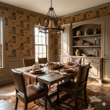 Kodiak Dust wallpaper featuring a cowboy boot pattern over a light brown backdrop.
