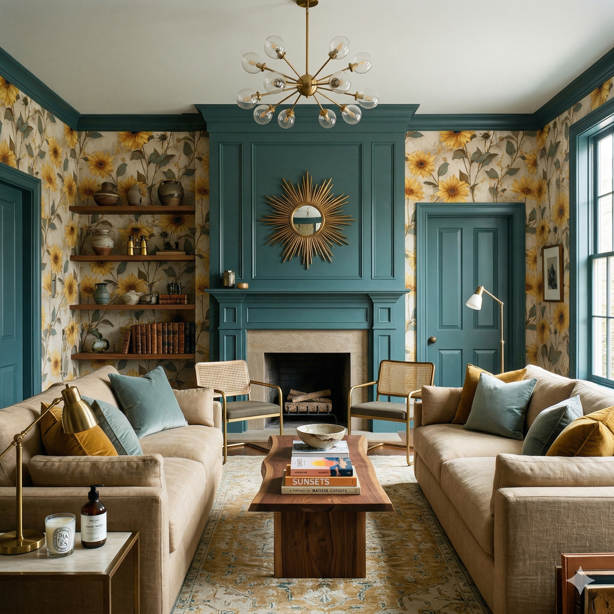 Sunflower wallpaper with botanical pattern, from Heliora, in a traditionally styled room.
